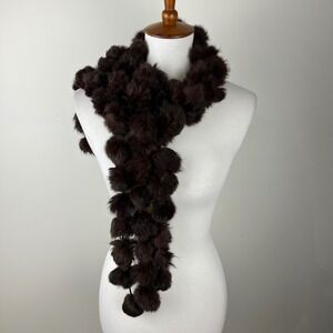 Y2K Vintage Esprit Brown 100 Rabbit Fur Pom Pom Scarf One Size Fits All
